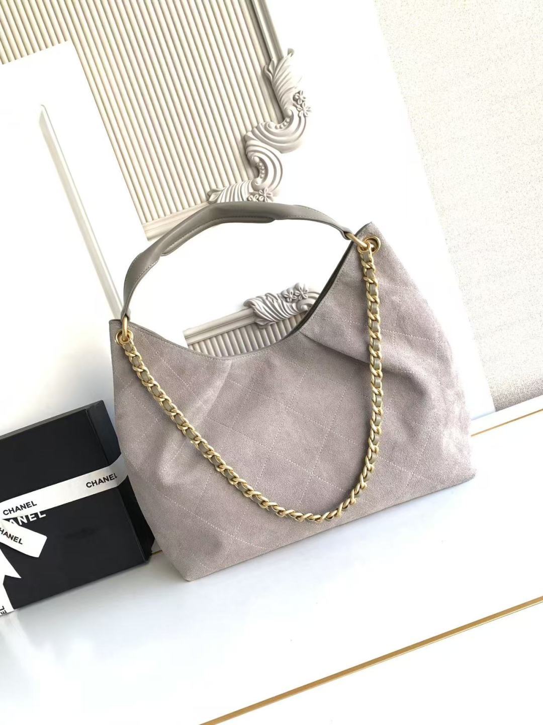 Ch*nel 2026 Hippie Hobo Bag 35cm Gray Suede