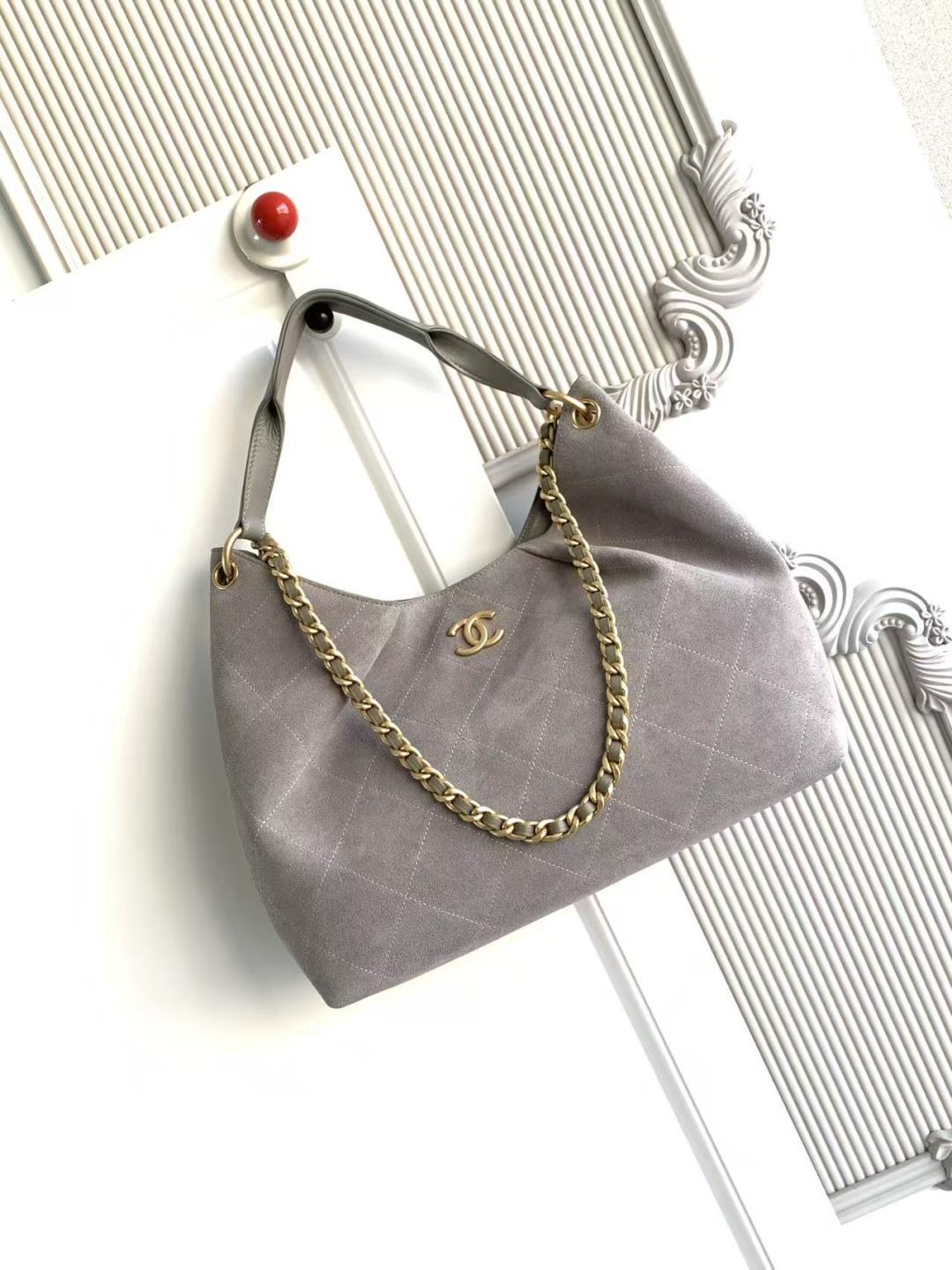 Ch*nel 2026 Hippie Hobo Bag 35cm Gray Suede
