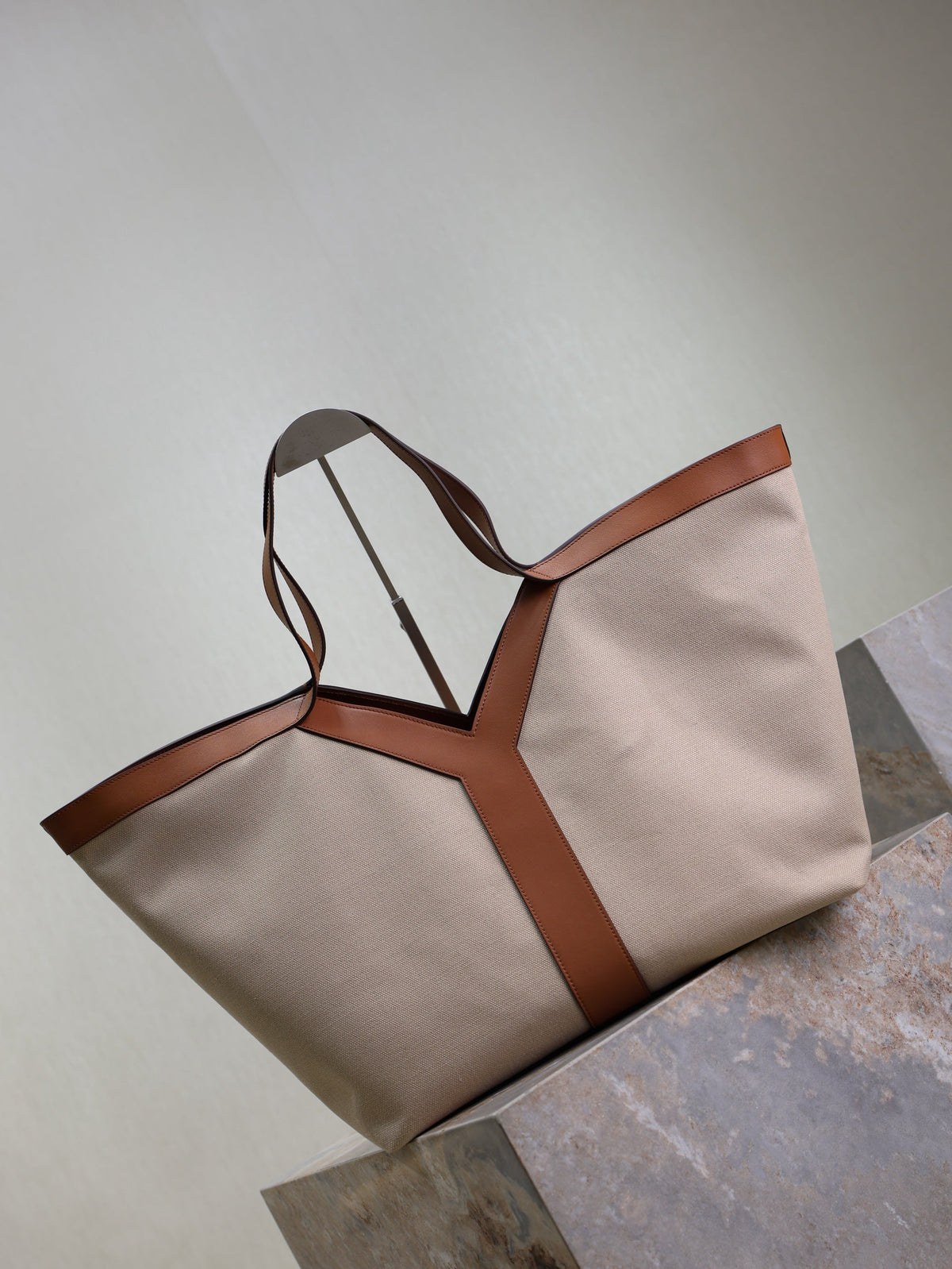 Y Tote Bag Beige Brown Canvas Leather