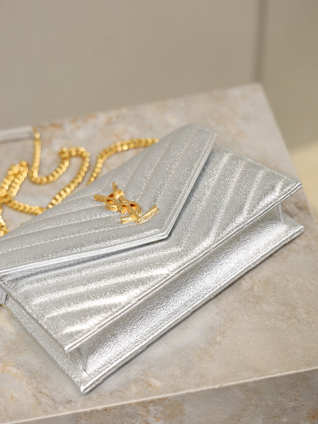 Y*S*L Cassandre Matelassé Envelope Bag Sliver Metalic Leather