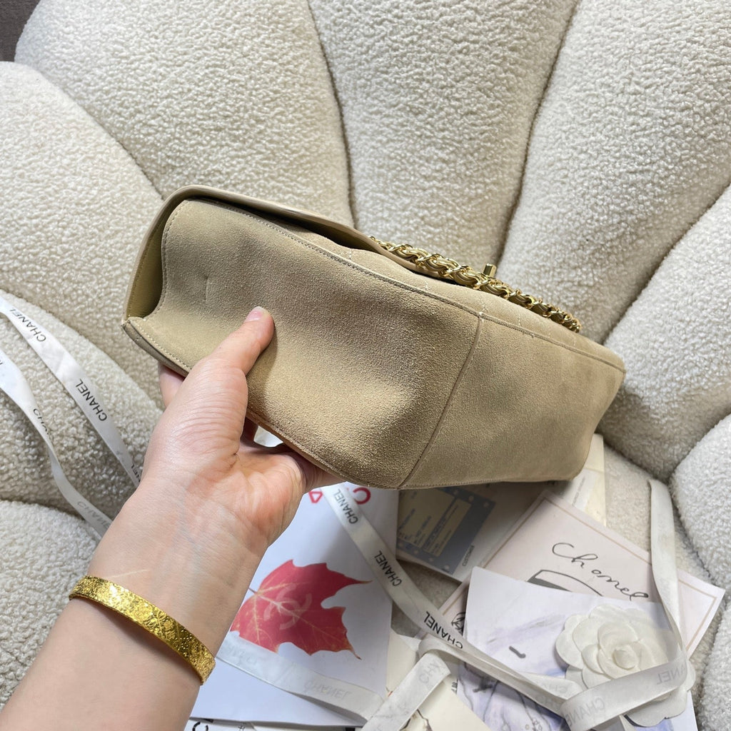 C*C Shopping Tote Bag 33cm Khaki Quilted Suede