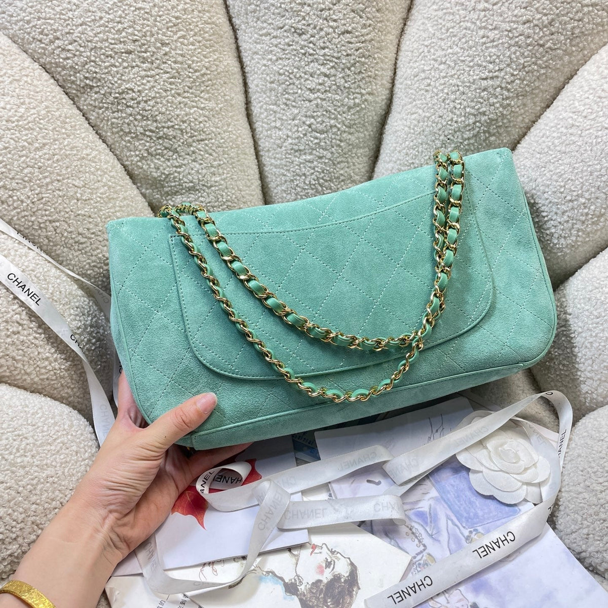 C*C Shopping Tote Bag 33cm Seafoam Green Quilted Suede