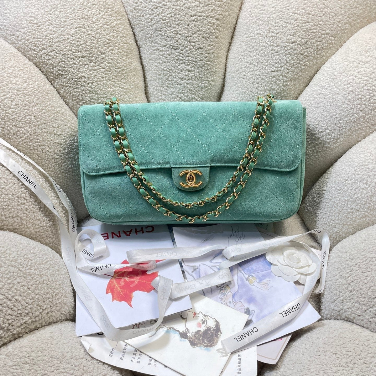 C*C Shopping Tote Bag 33cm Seafoam Green Quilted Suede