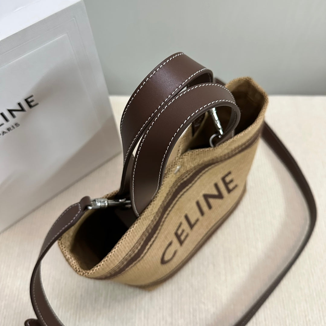 C*line Mini Cabas 23cm Chocolate Calfskin Dark Beige Textile