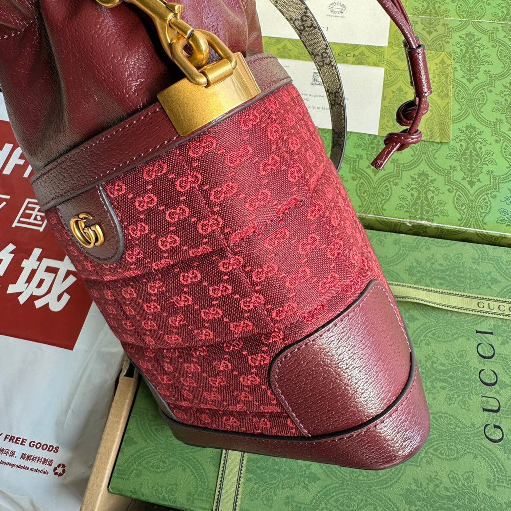 BUCKET BAG 18 IN BURGUNDY RED CANVAS AND CALFSKIN GOLD HARDWARE