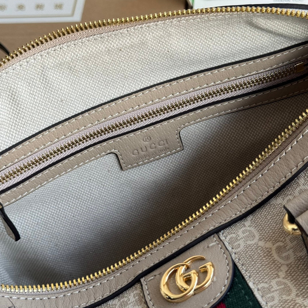 OPHIDIA TOP HANDLE BAG CANVAS CALFSKIN TRIM GOLD HARDWARE