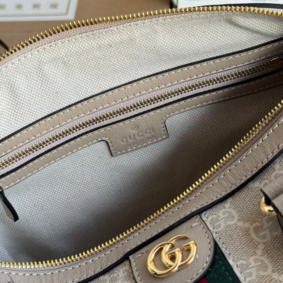 OPHIDIA TOP HANDLE BAG CANVAS CALFSKIN TRIM GOLD HARDWARE