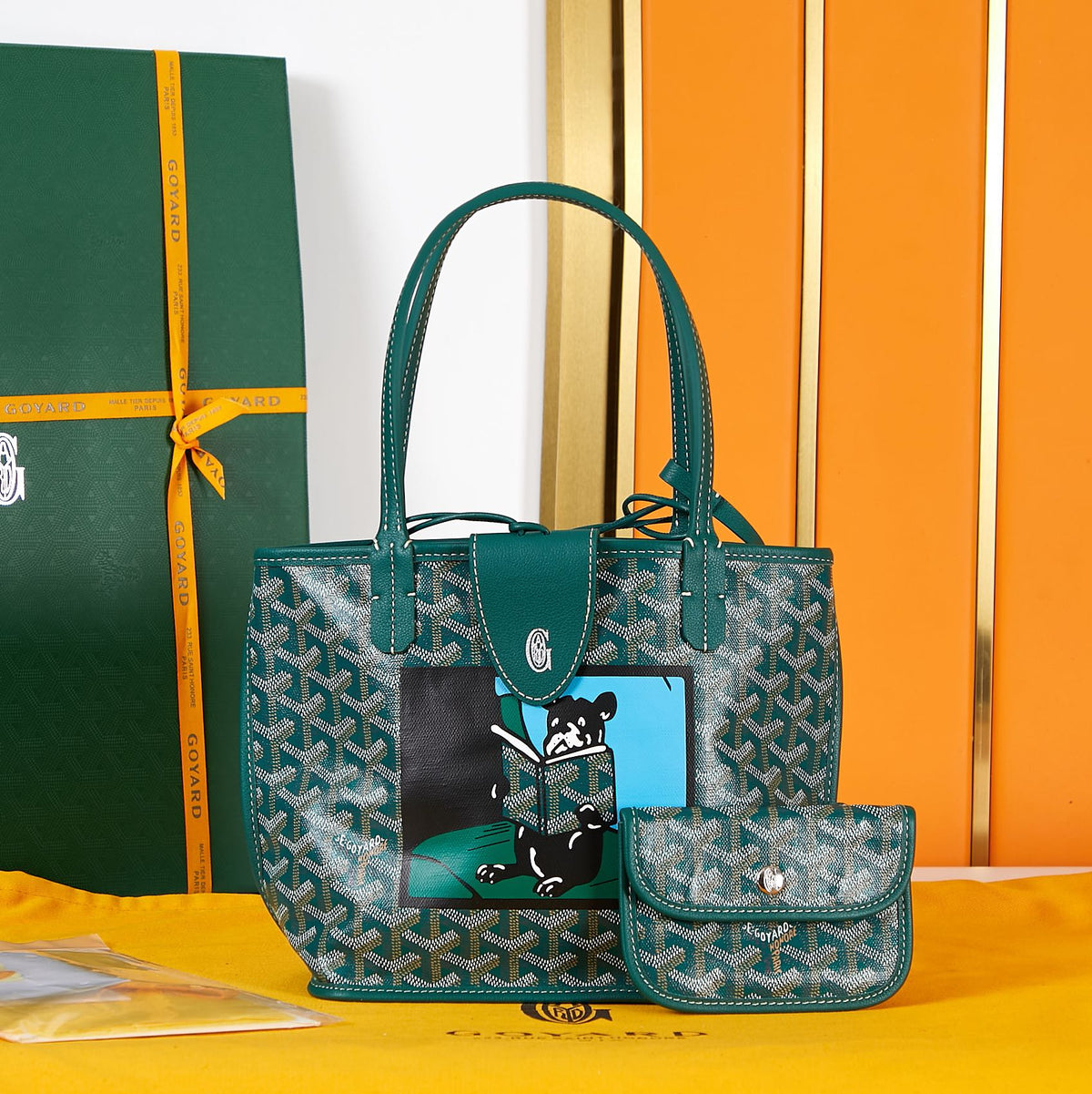 ANJOU MINI BAG 20 IN GREEN G*yardine CANVAS AND CALFSKIN WITH CARTOON PATCH