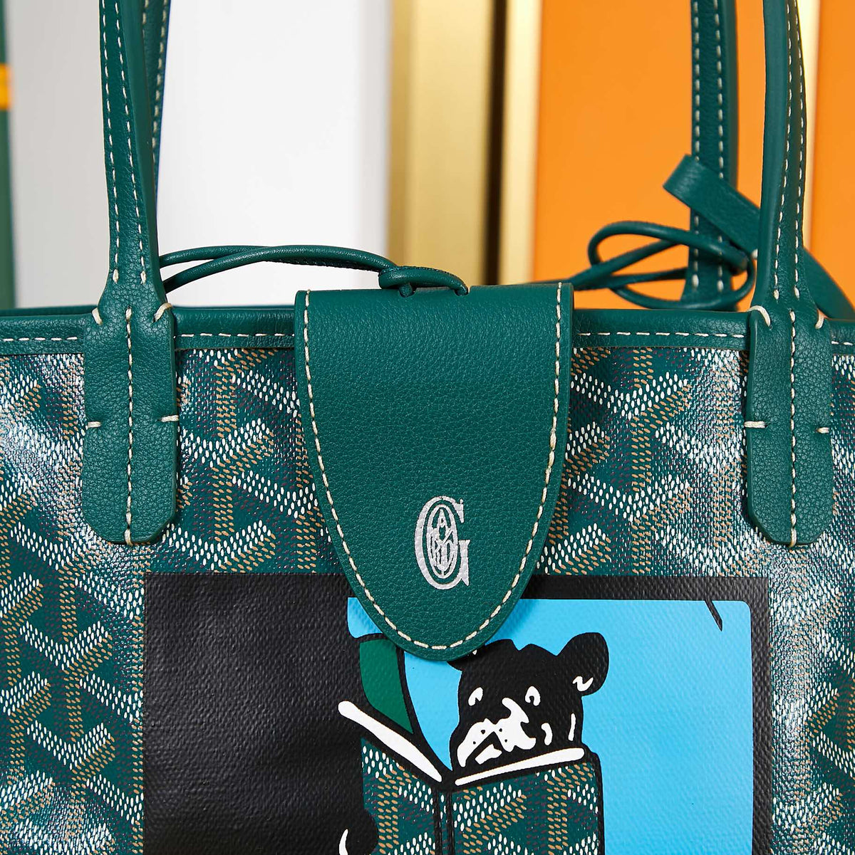 ANJOU MINI BAG 20 IN GREEN G*yardine CANVAS AND CALFSKIN WITH CARTOON PATCH