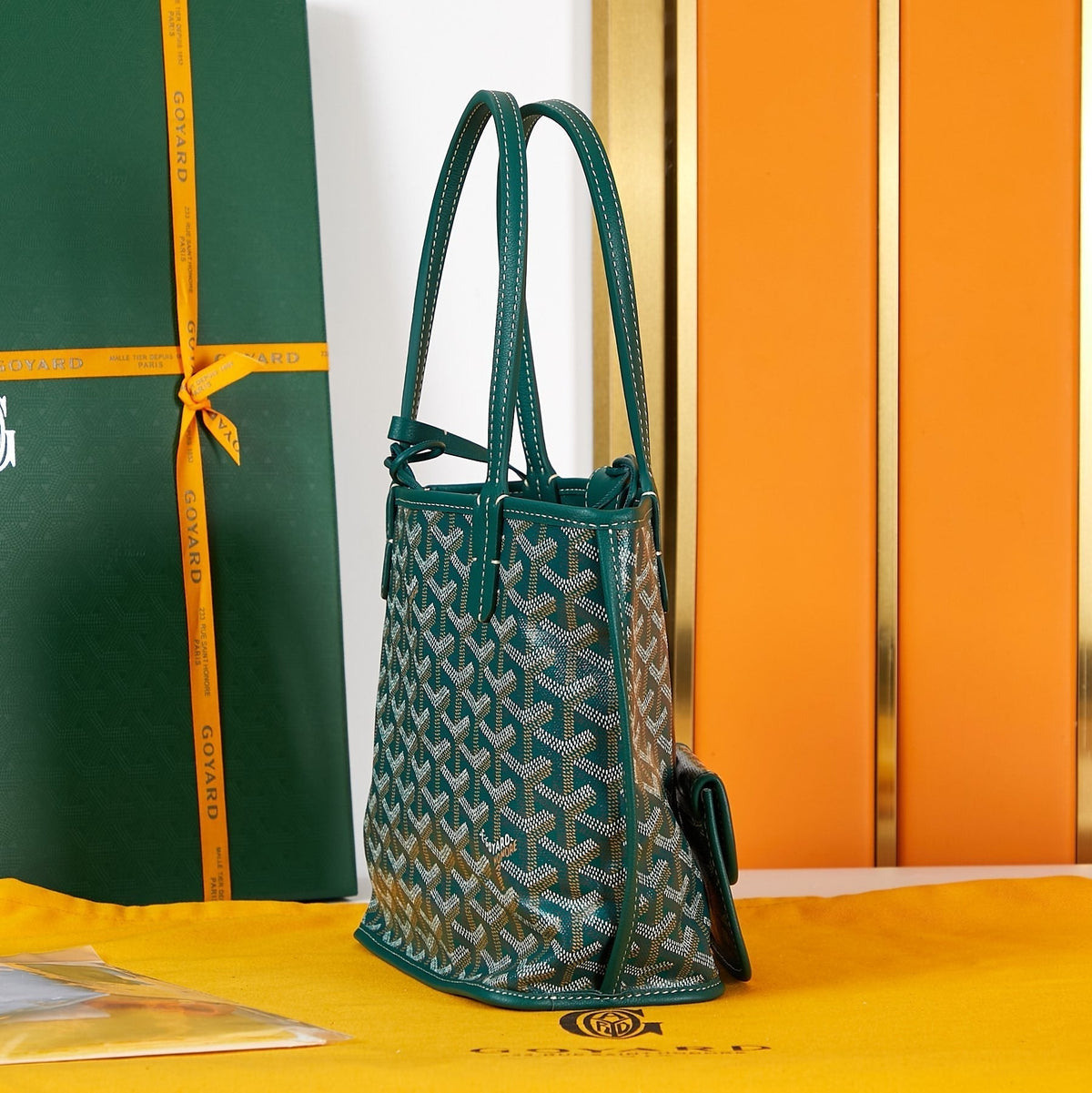 ANJOU MINI BAG 20 IN GREEN G*yardine CANVAS AND CALFSKIN WITH CARTOON PATCH