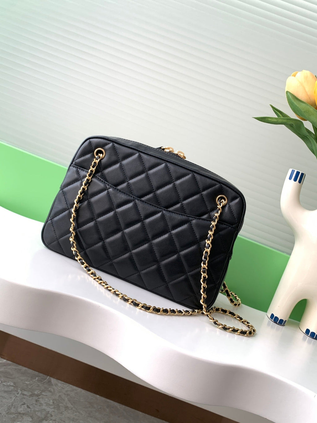 Ch*nel 2025 Camera 24cm Bag Black Quilted Leather