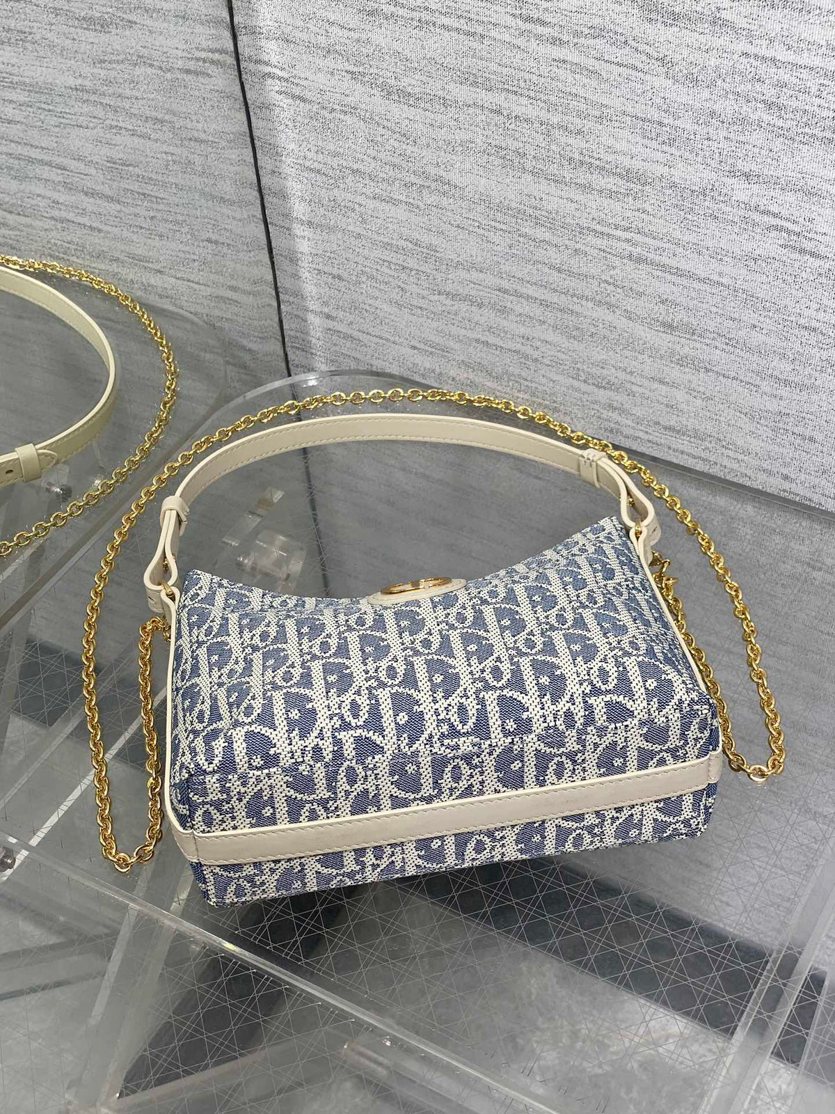 D*or 2025 Bag 19cm Blue mix White Oblique Fabric mix Leather