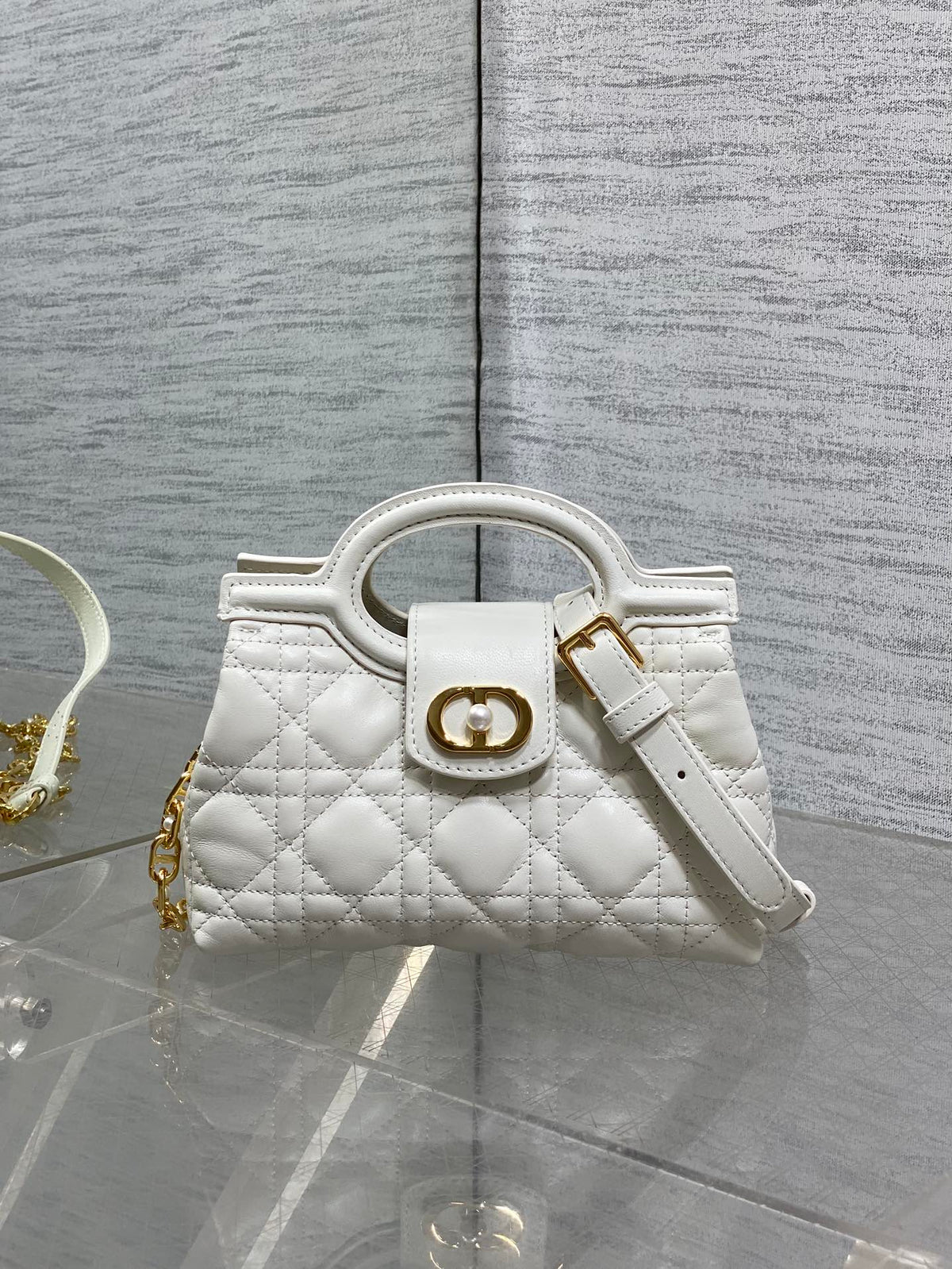 C*D Jolie Top Handle Mini Bag 18.5cm White Cannage Lambskin GHW