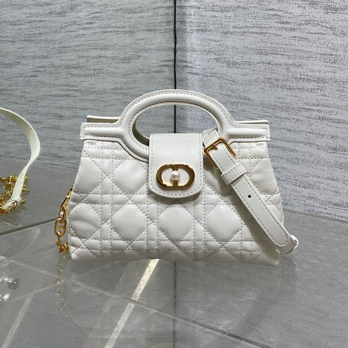 C*D Jolie Top Handle Mini Bag 18.5cm White Cannage Lambskin GHW
