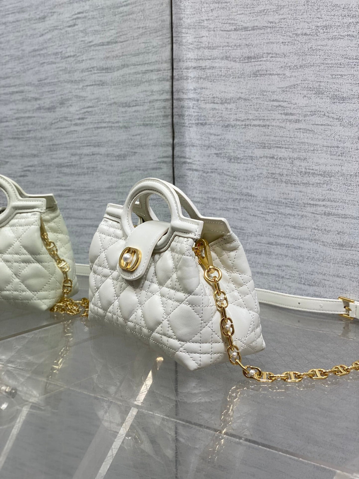 C*D Jolie Top Handle Mini Bag 18.5cm White Cannage Lambskin GHW