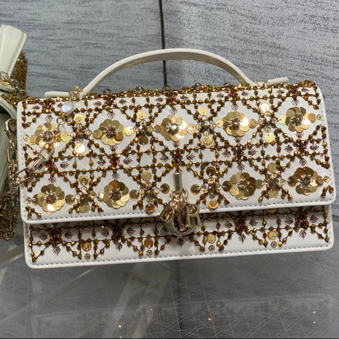 D*or 2025 Microbead Sequin Embroidery Bag 21cm White Gold Calfskin