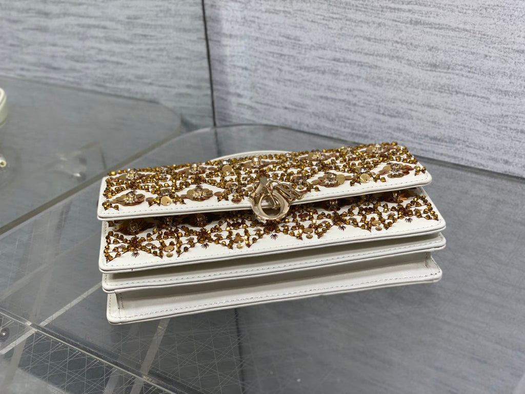 D*or 2025 Microbead Sequin Embroidery Bag 21cm White Gold Calfskin