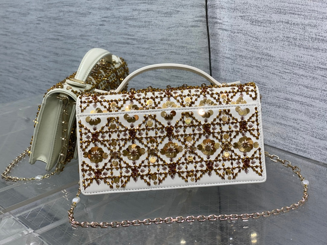 D*or 2025 Microbead Sequin Embroidery Bag 21cm White Gold Calfskin