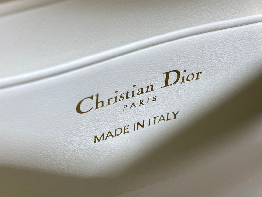 D*or 2025 Microbead Sequin Embroidery Bag 21cm White Gold Calfskin