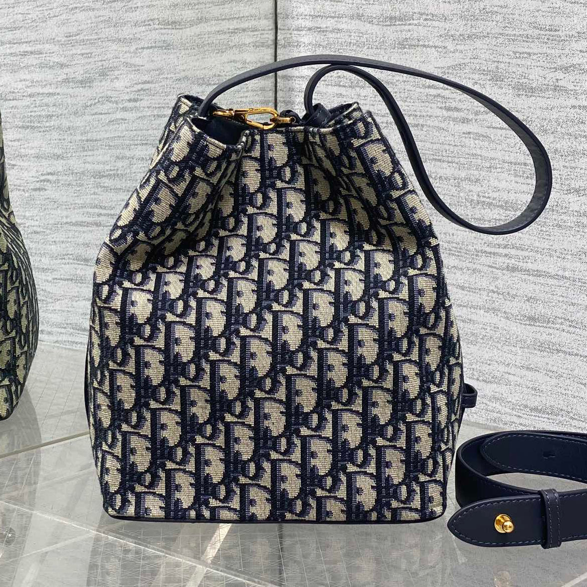 D*or 2025 Star Bucket Bag Navy Blue mix Beige Canvas Leather