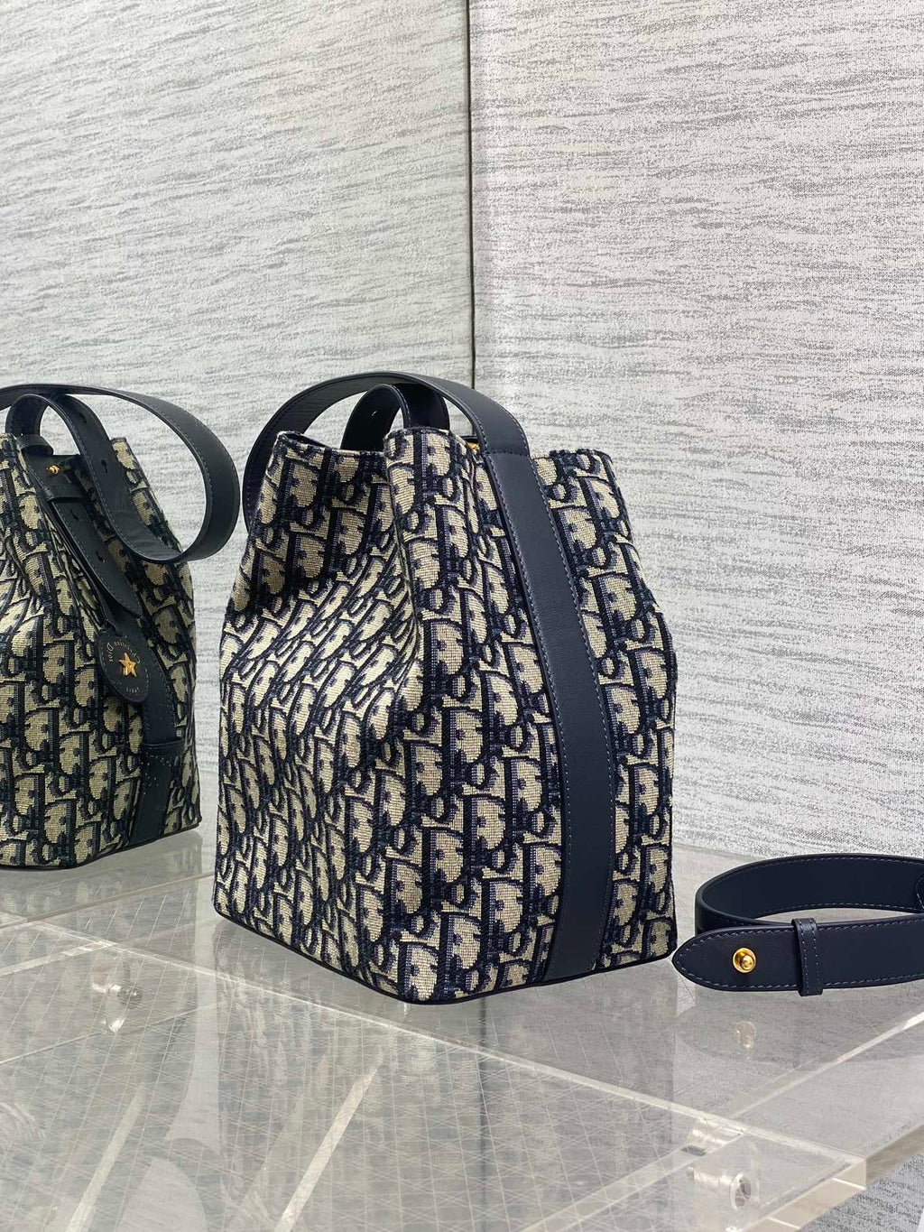 D*or 2025 Star Bucket Bag Navy Blue mix Beige Canvas Leather