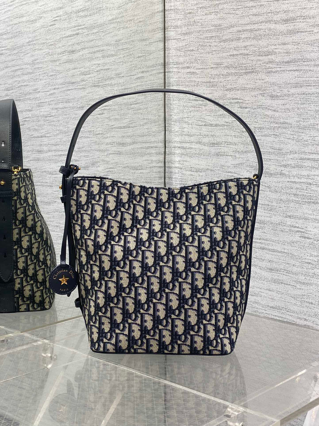 D*or 2025 Star Bucket Bag Navy Blue mix Beige Canvas Leather