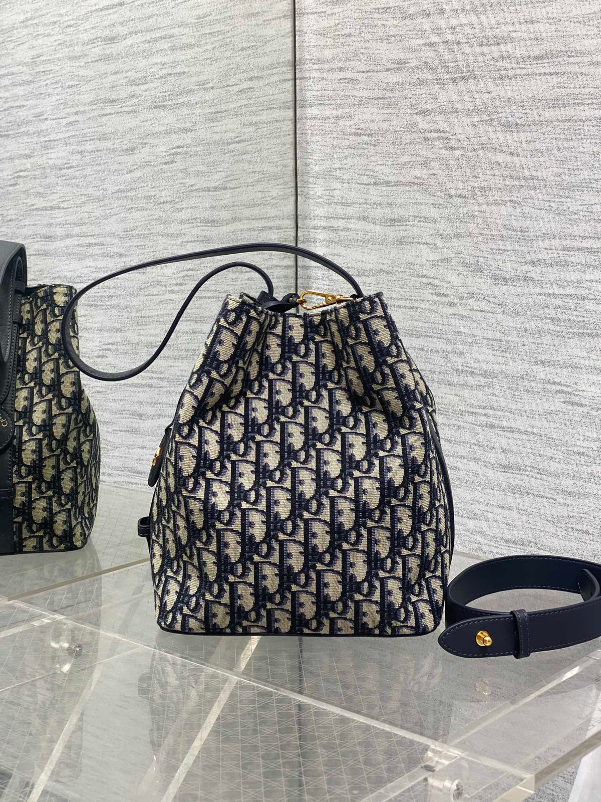 D*or 2025 Star Bucket Bag Navy Blue mix Beige Canvas Leather