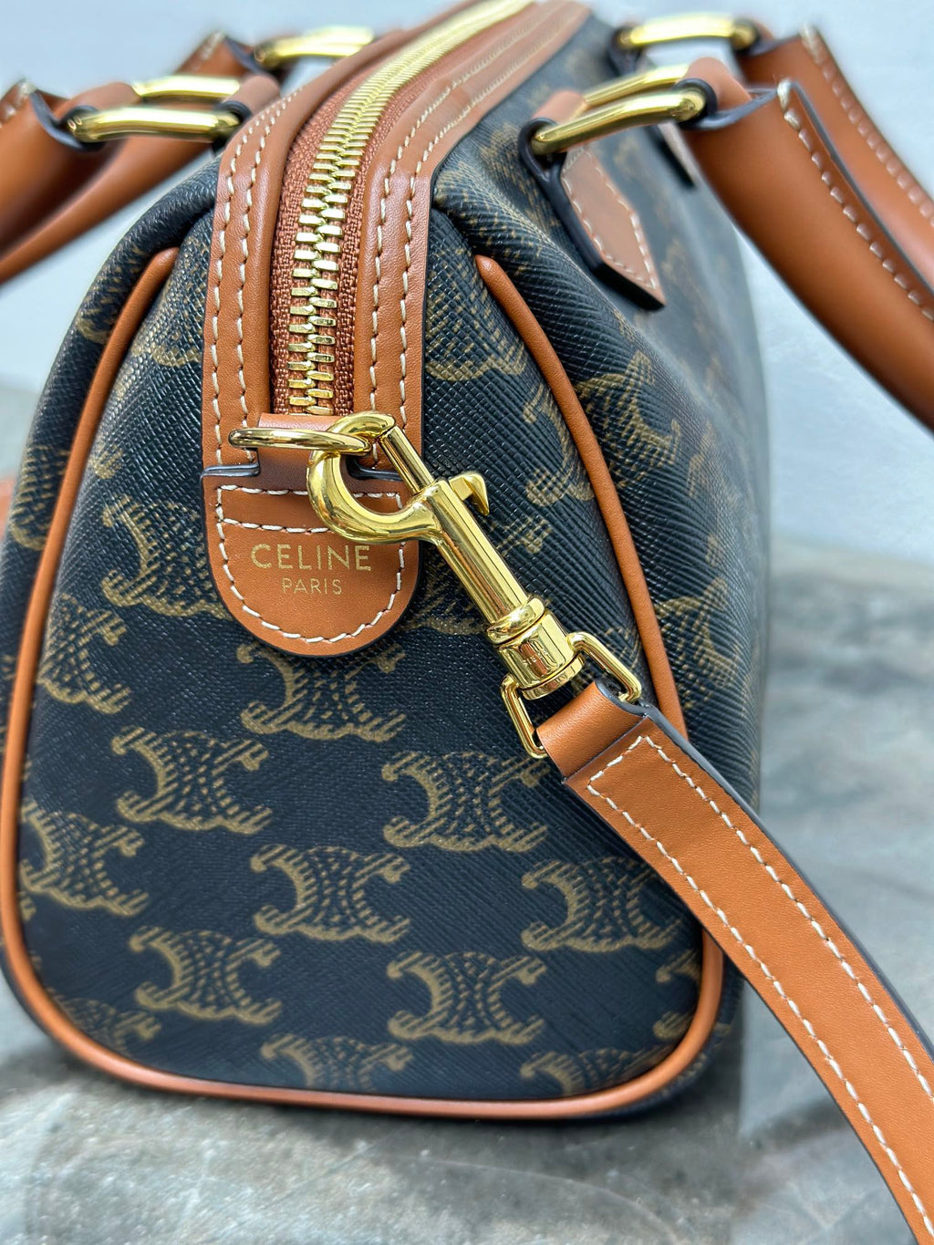 C*line Small Boston Bag In The Triomphe Canvas And Tan Calfskin