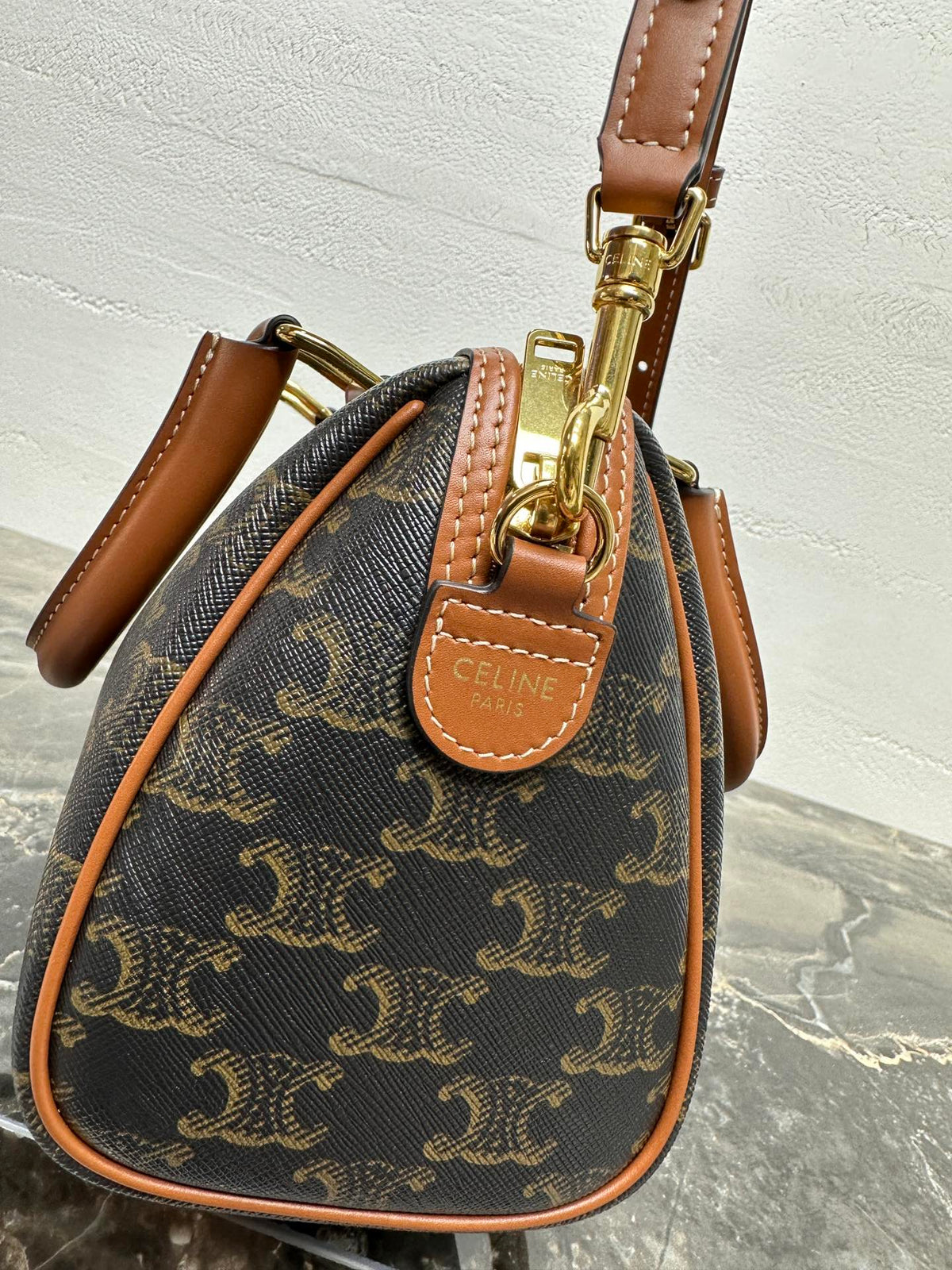 C*line Small Boston Bag In The Triomphe Canvas And Tan Calfskin
