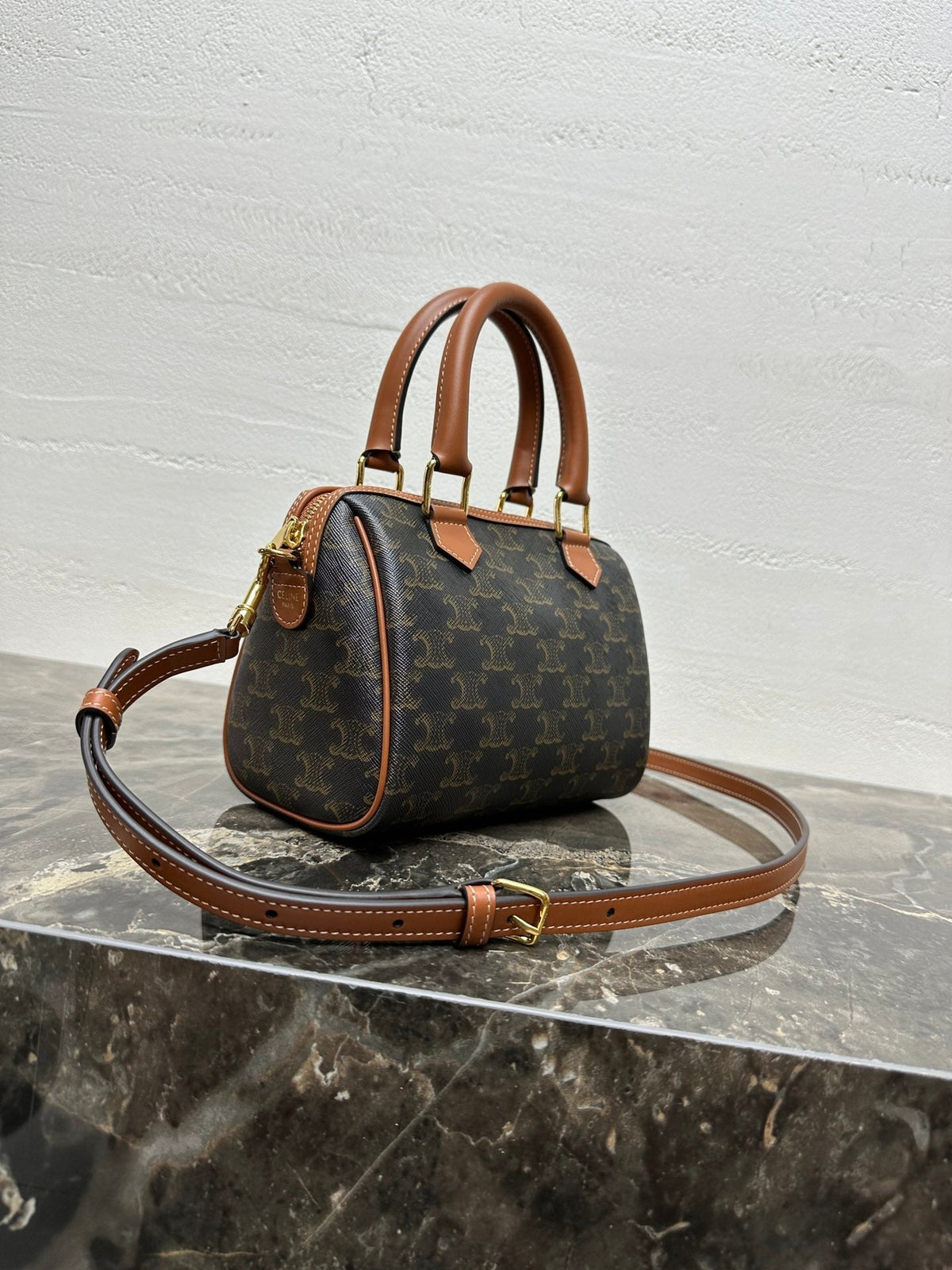 C*line Small Boston Bag In The Triomphe Canvas And Tan Calfskin