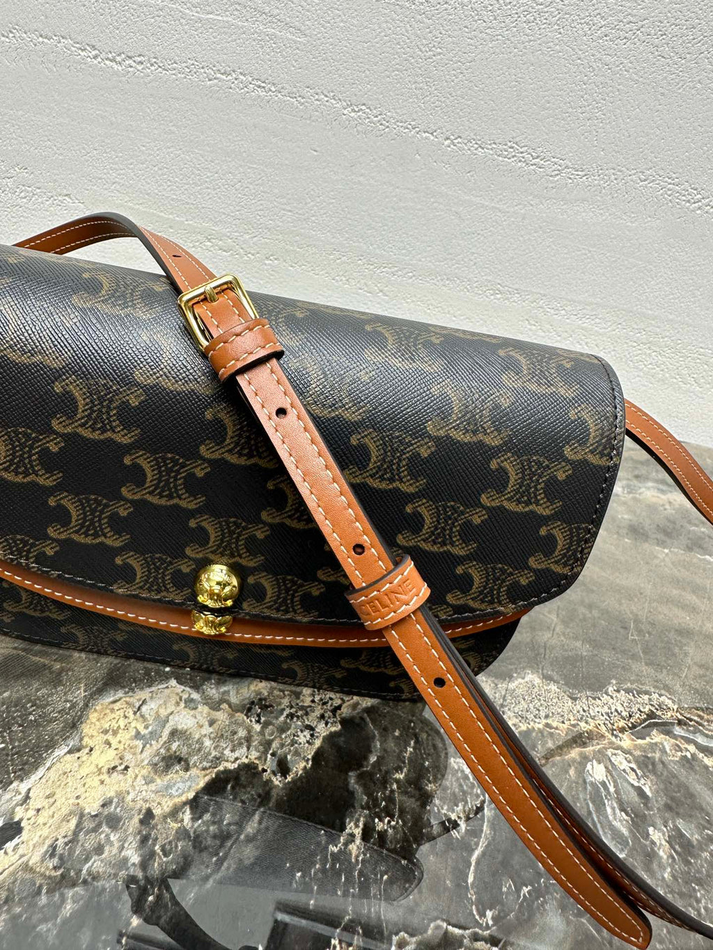 C*lin Duo Wallet On Strap Triomphe Brown Black Canvas and Calfskin