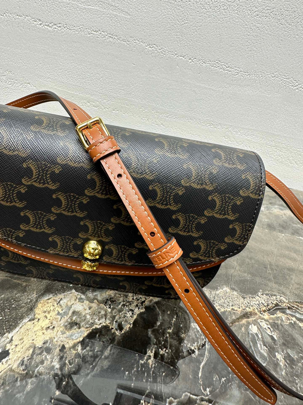 C*lin Duo Wallet On Strap Triomphe Brown Black Canvas and Calfskin