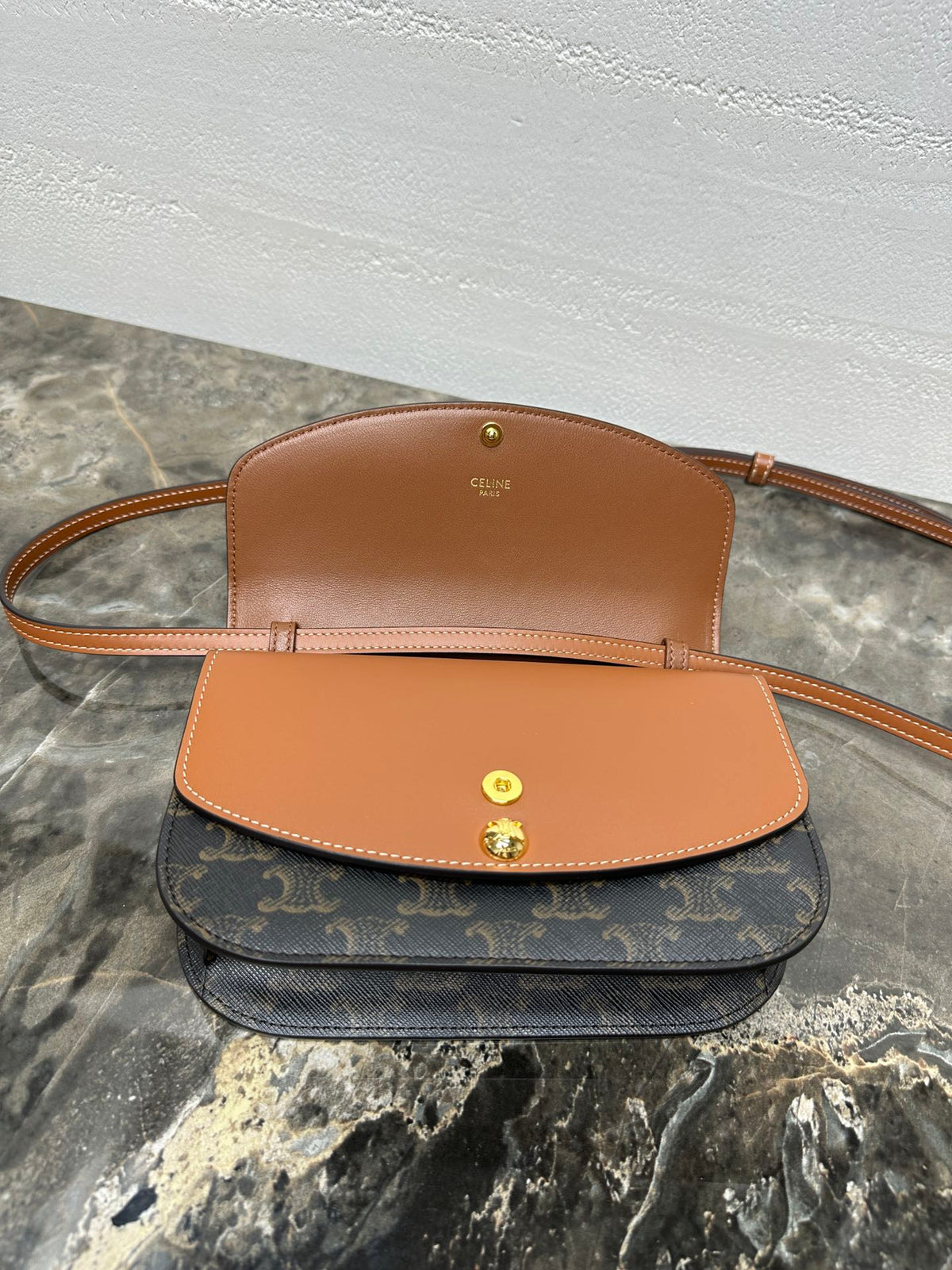 C*lin Duo Wallet On Strap Triomphe Brown Black Canvas and Calfskin