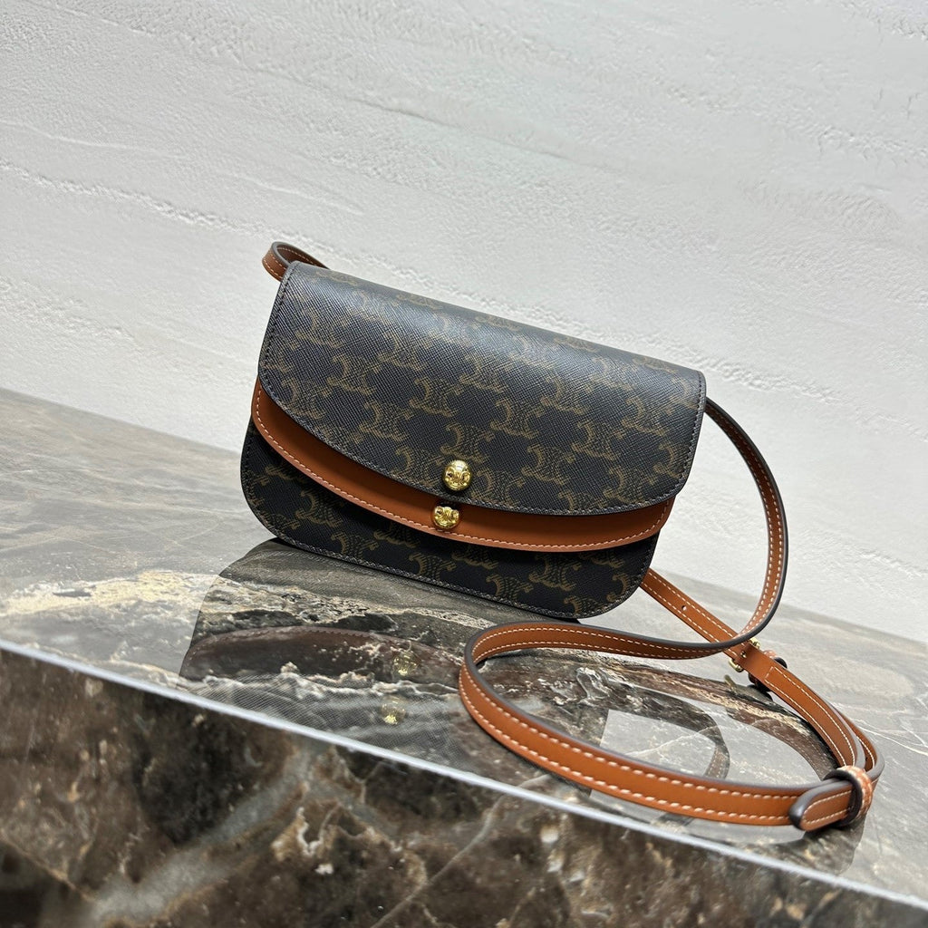 C*lin Duo Wallet On Strap Triomphe Brown Black Canvas and Calfskin