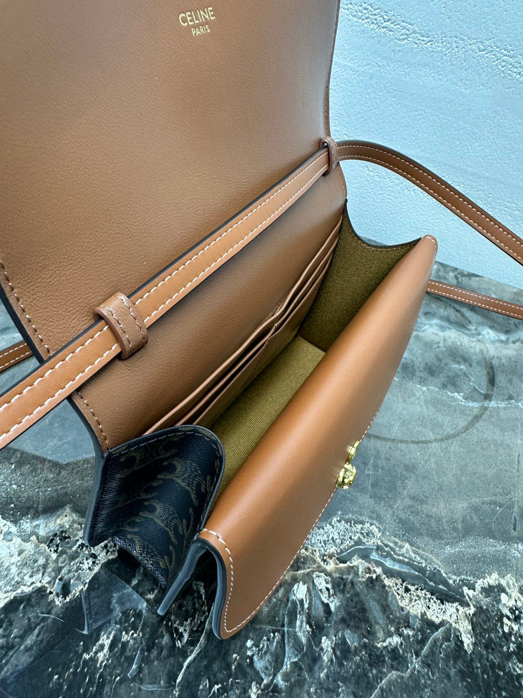 C*lin Duo Wallet On Strap Triomphe Brown Black Canvas and Calfskin