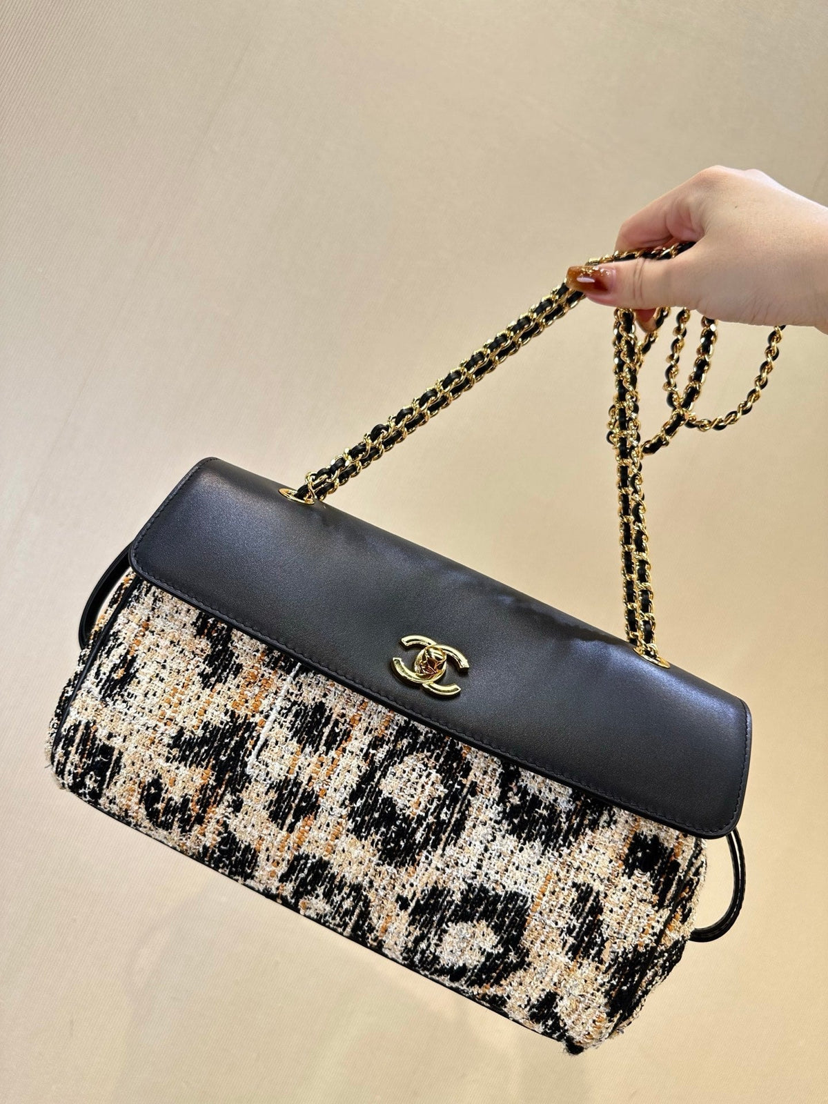 C*C 26s Flap Bag Black Leopard Tweed Lambskin
