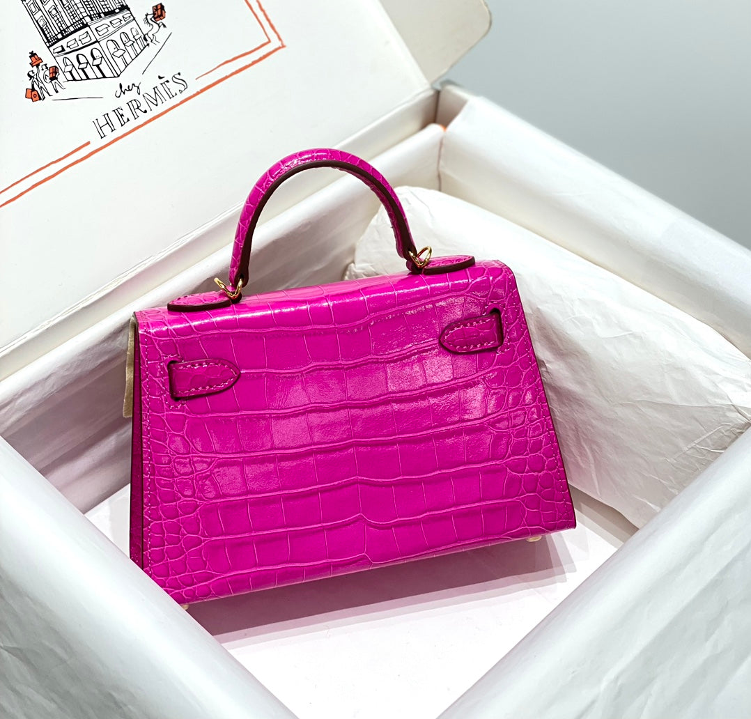 H*M 25s Mini Kelly 19cm Deep Magenta Embossed Crocodile Gold Hardware
