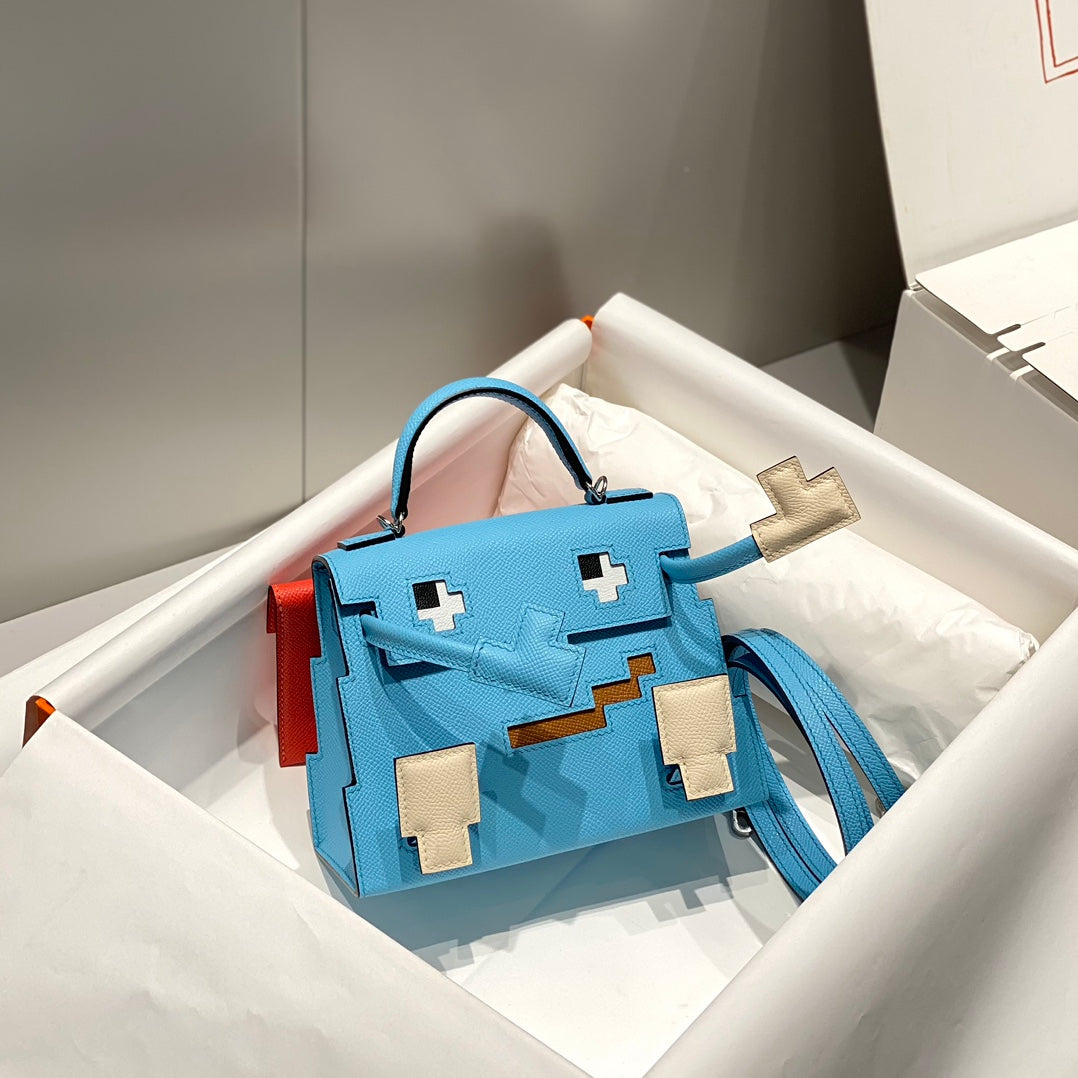 H*M Kelly Doll Picto Bag Blue Sky White Togo Leather