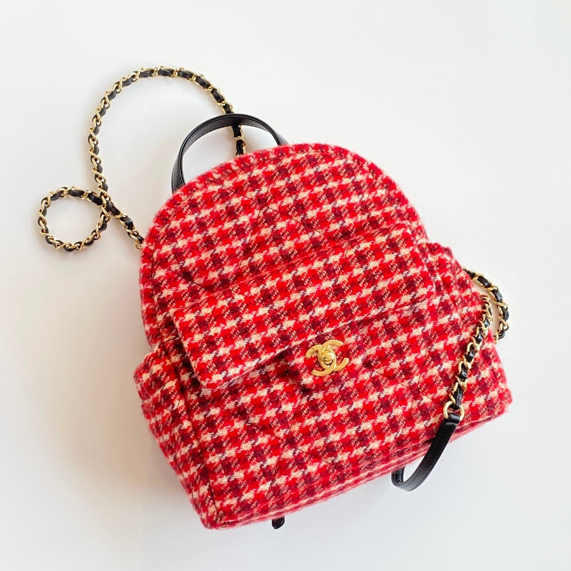 C*C Houndstooth Backpack 28 Red Wool Tweed