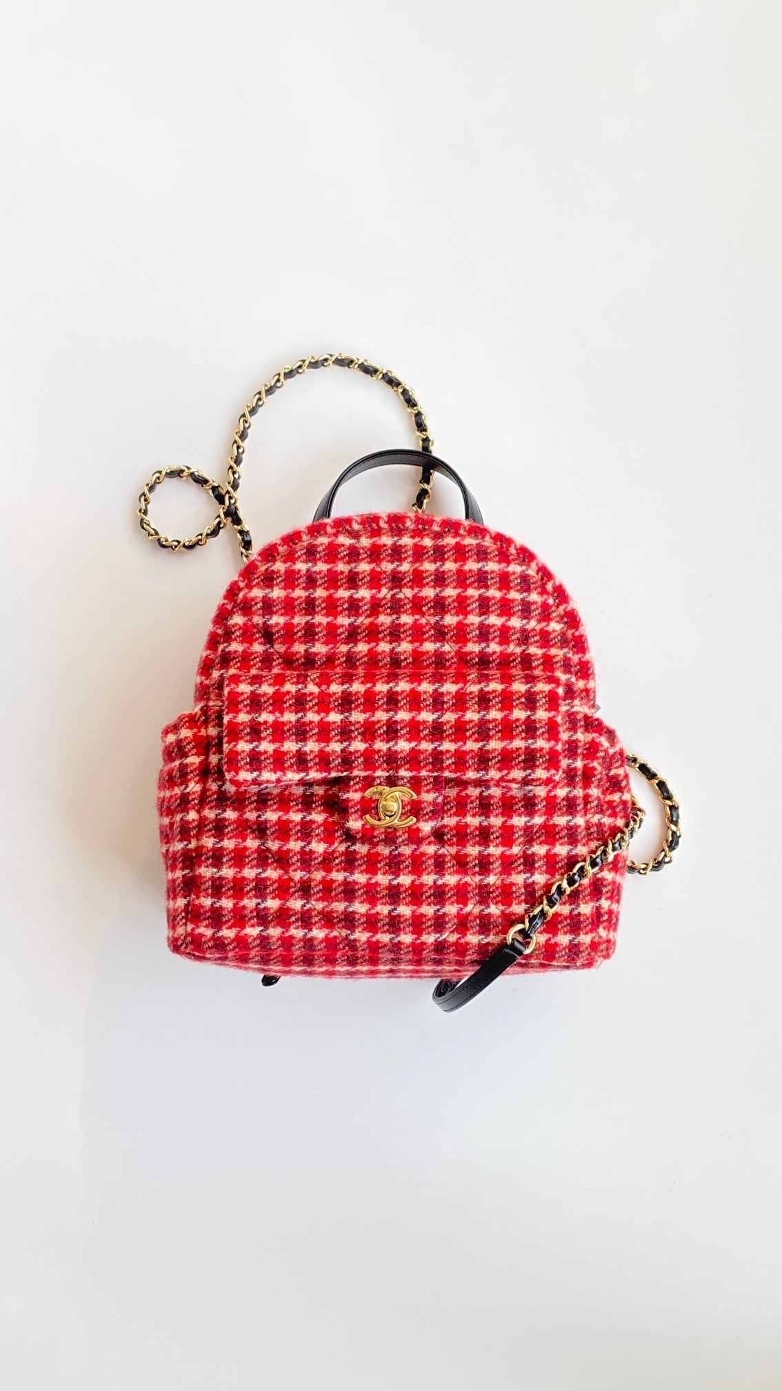 C*C Houndstooth Backpack 28 Red Wool Tweed