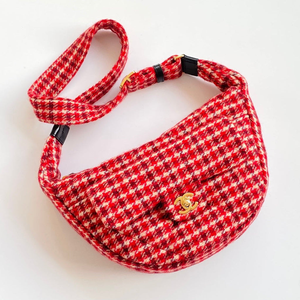 C*C Houndstooth 30 Hobo Bag Red Wool Tweed