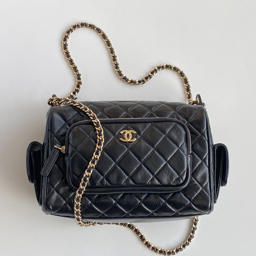 C*C 2025 Multi-Pockets Camera Case Bag Black Calfskin