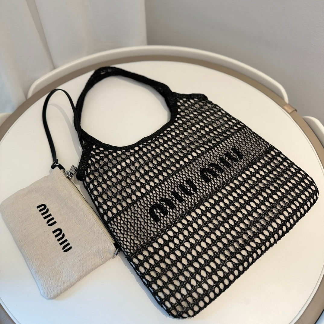 M*u*M*u Shoulder Bag Raffia Canvas