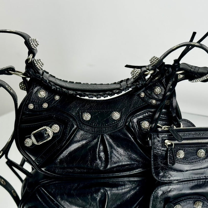 LE CAGOLE SHOULDER BAG RHINESTONES ARENA LAMBSKIN SILVER HARDWARE