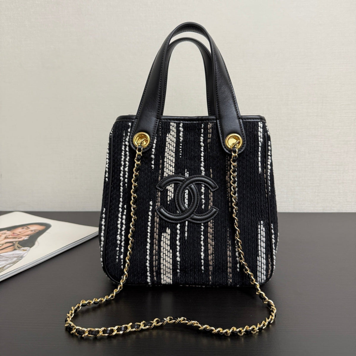 Ch*nel 2026 Mini Tote Bag 21cm Black Canvas Leather