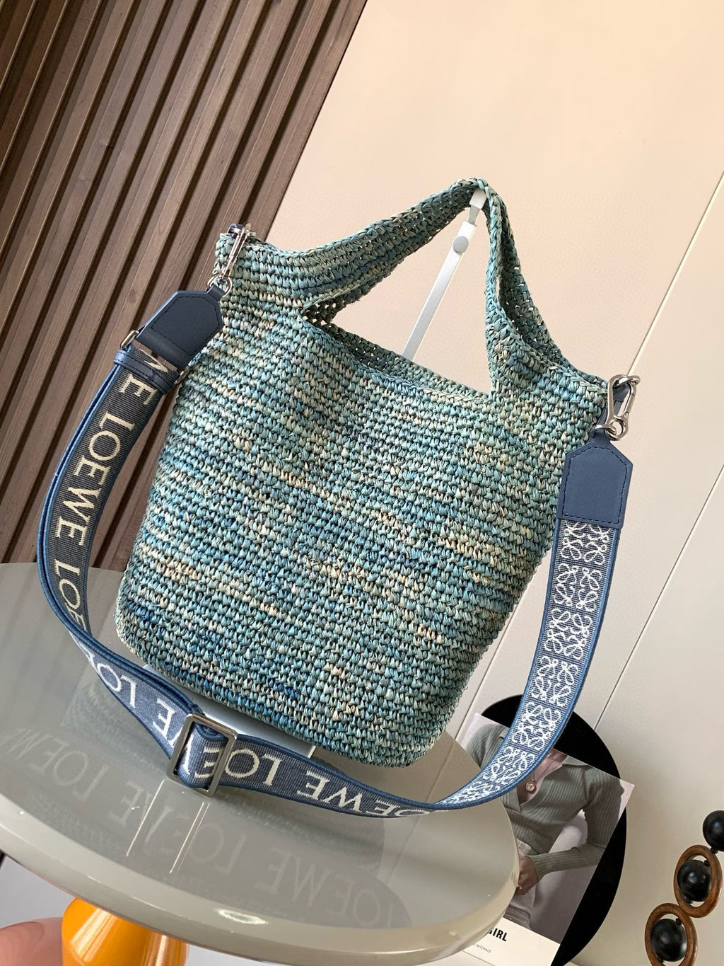 L*E 30 SLIT BAG IN DENIM BLUE RAFFIA AND CALFSKIN