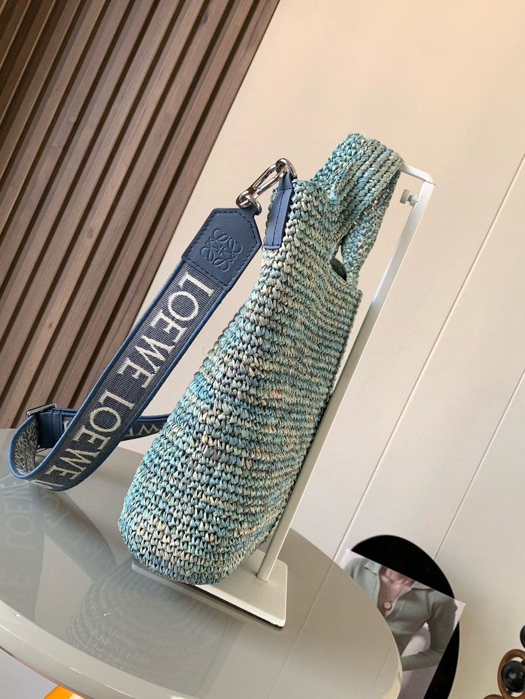 L*E 30 SLIT BAG IN DENIM BLUE RAFFIA AND CALFSKIN