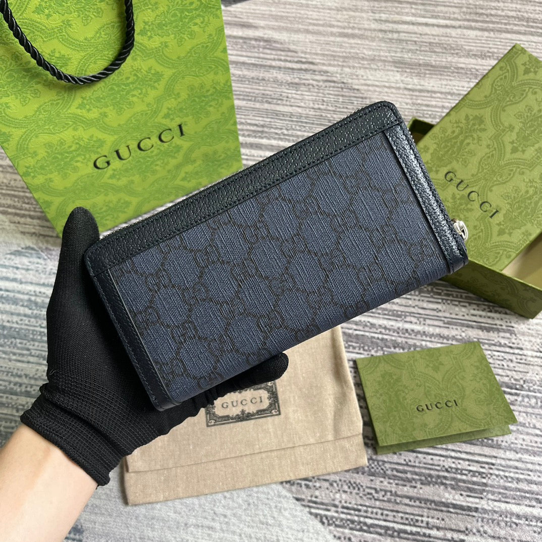 OPHIDIA G*G 19 ZIP AROUND WALLET DARK BLUE CANVAS AND BLACK CALFSKIN
