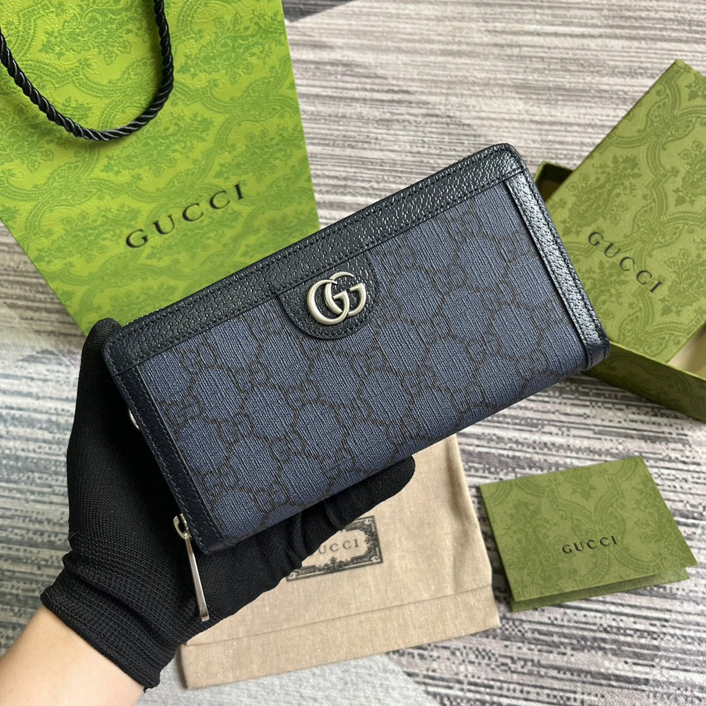 OPHIDIA G*G 19 ZIP AROUND WALLET DARK BLUE CANVAS AND BLACK CALFSKIN