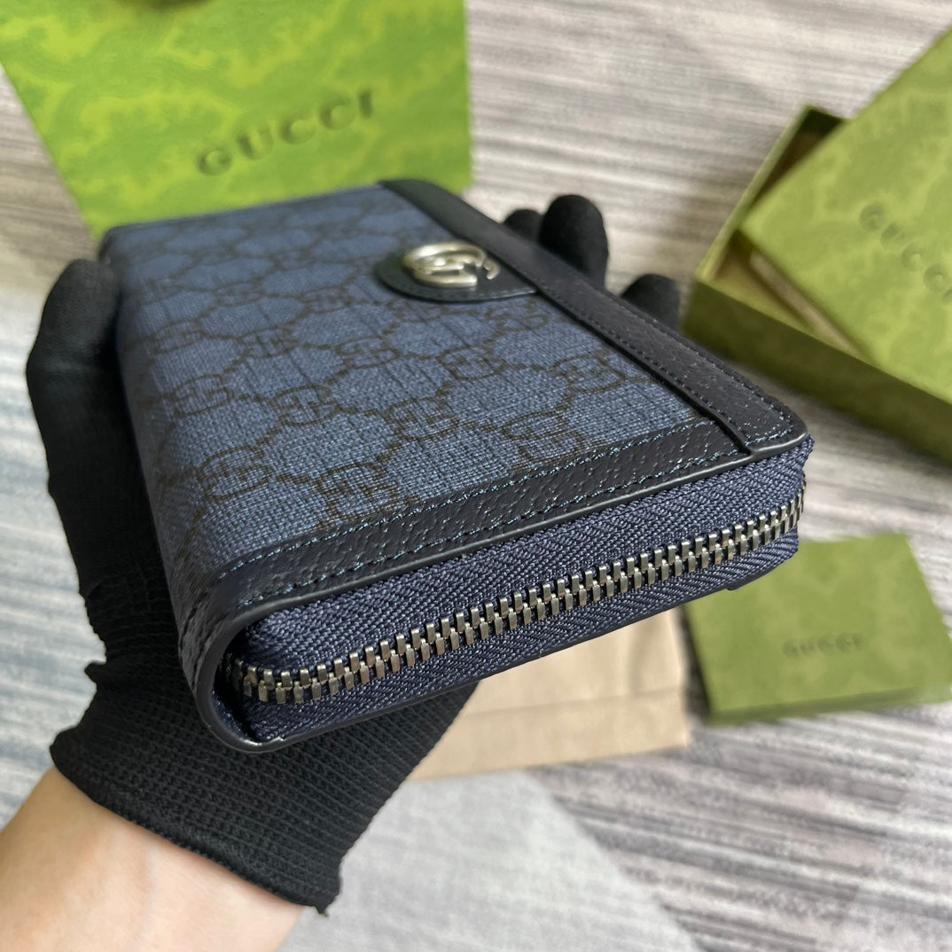 OPHIDIA G*G 19 ZIP AROUND WALLET DARK BLUE CANVAS AND BLACK CALFSKIN